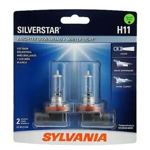 Sylvania H11 SilverStar Halogen Headlight Bulb Brighter  Whiter Light, 2 Pack